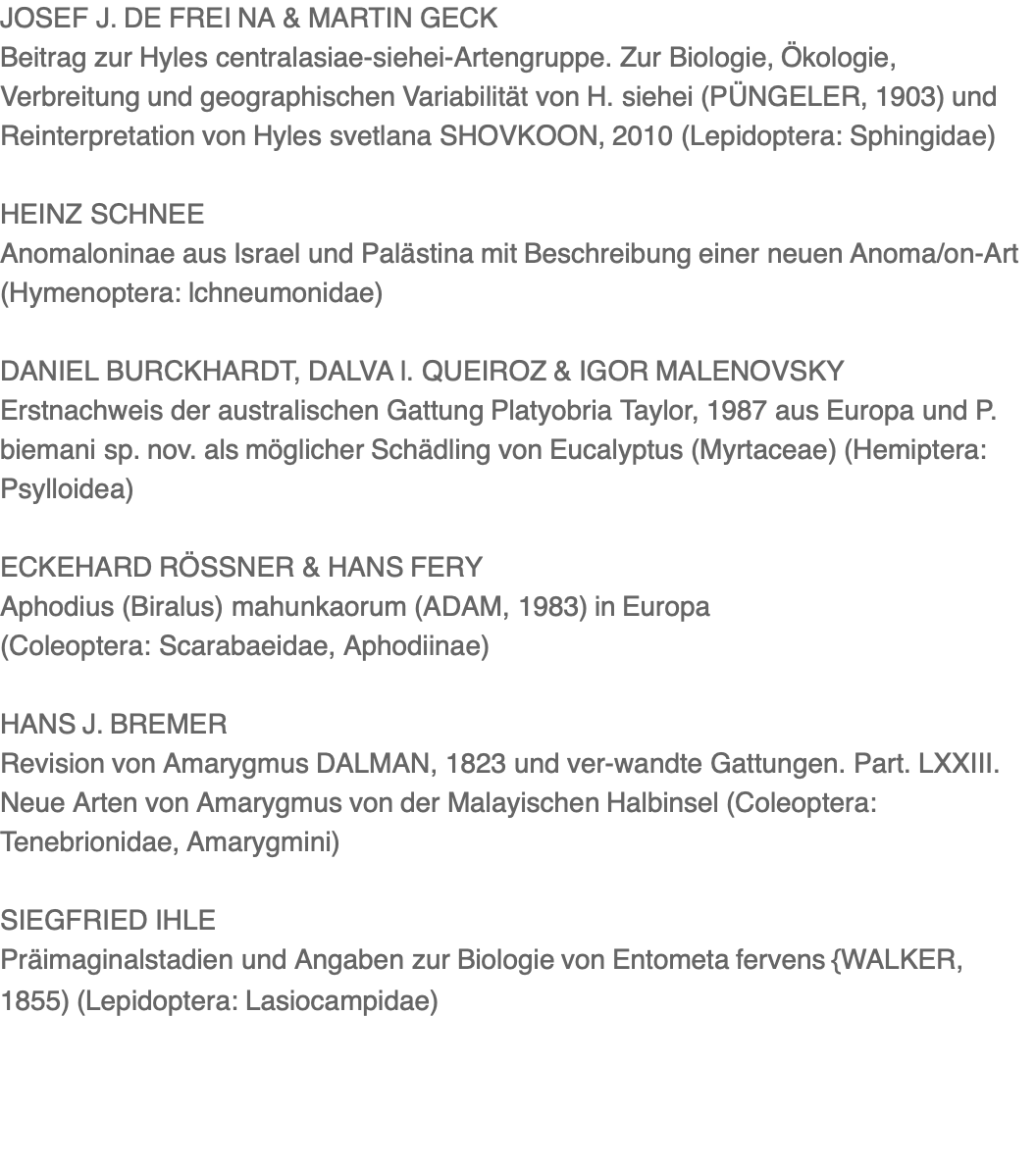 JOSEF J. DE FREI NA & MARTIN GECK Beitrag zur Hyles centralasiae-siehei-Artengruppe. Zur Biologie, Ökologie, Verbreitung und geographischen Variabilität von H. siehei (PÜNGELER, 1903) und Reinterpretation von Hyles svetlana SHOVKOON, 2010 (Lepidoptera: Sphingidae)  HEINZ SCHNEE Anomaloninae aus Israel und Palästina mit Beschreibung einer neuen Anoma/on-Art (Hymenoptera: lchneumonidae)  DANIEL BURCKHARDT, DALVA l. QUEIROZ & IGOR MALENOVSKY Erstnachweis der australischen Gattung Platyobria Taylor, 1987 aus Europa und P. biemani sp. nov. als möglicher Schädling von Eucalyptus (Myrtaceae) (Hemiptera: Psylloidea)  ECKEHARD RÖSSNER & HANS FERY Aphodius (Biralus) mahunkaorum (ADAM, 1983) in Europa (Coleoptera: Scarabaeidae, Aphodiinae)  HANS J. BREMER Revision von Amarygmus DALMAN, 1823 und ver-wandte Gattungen. Part. LXXIII. Neue Arten von Amarygmus von der Malayischen Halbinsel (Coleoptera: Tenebrionidae, Amarygmini)  SIEGFRIED IHLE Präimaginalstadien und Angaben zur Biologie von Entometa fervens {WALKER, 1855) (Lepidoptera: Lasiocampidae)