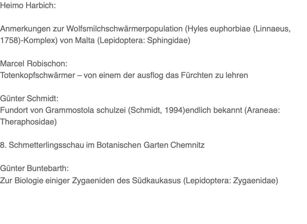 Heimo Harbich:  Anmerkungen zur Wolfsmilchschwärmerpopulation (Hyles euphorbiae (Linnaeus, 1758)-Komplex) von Malta (Lepidoptera: Sphingidae)  Marcel Robischon: Totenkopfschwärmer – von einem der ausflog das Fürchten zu lehren  Günter Schmidt: Fundort von Grammostola schulzei (Schmidt, 1994)endlich bekannt (Araneae: Theraphosidae)  8. Schmetterlingsschau im Botanischen Garten Chemnitz  Günter Buntebarth: Zur Biologie einiger Zygaeniden des Südkaukasus (Lepidoptera: Zygaenidae)